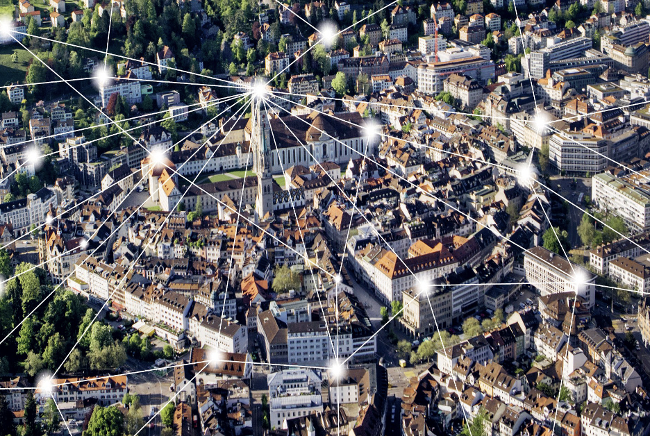 Originalmotiv aus dem Foliensatz: Stadtansicht von St. Gallen mit eingezeichneten Netzwerkverbindungen